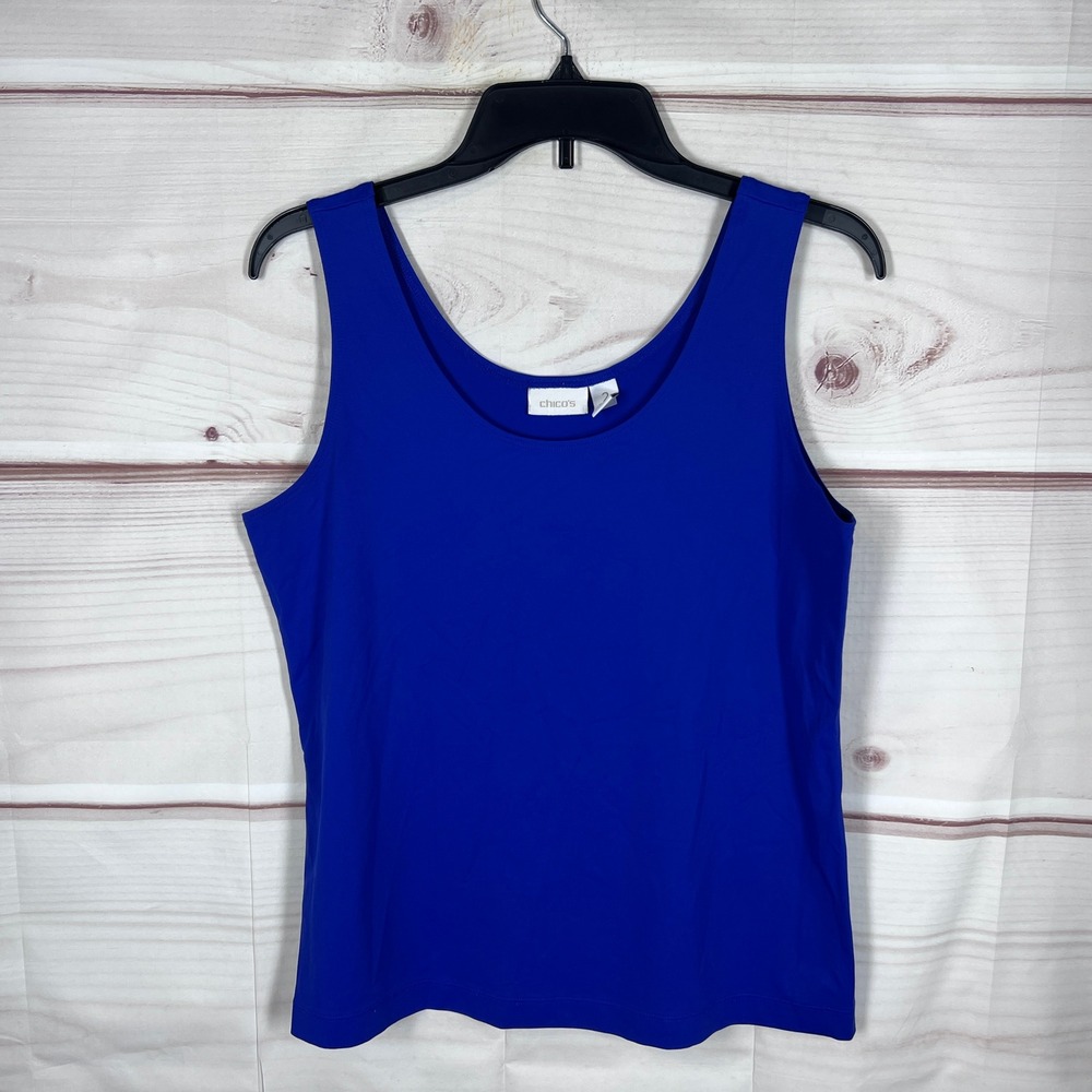 Chico's Tank Top Women Size 2 L Blue Solid Scoop Neck Sleeveless Nylon Spandex